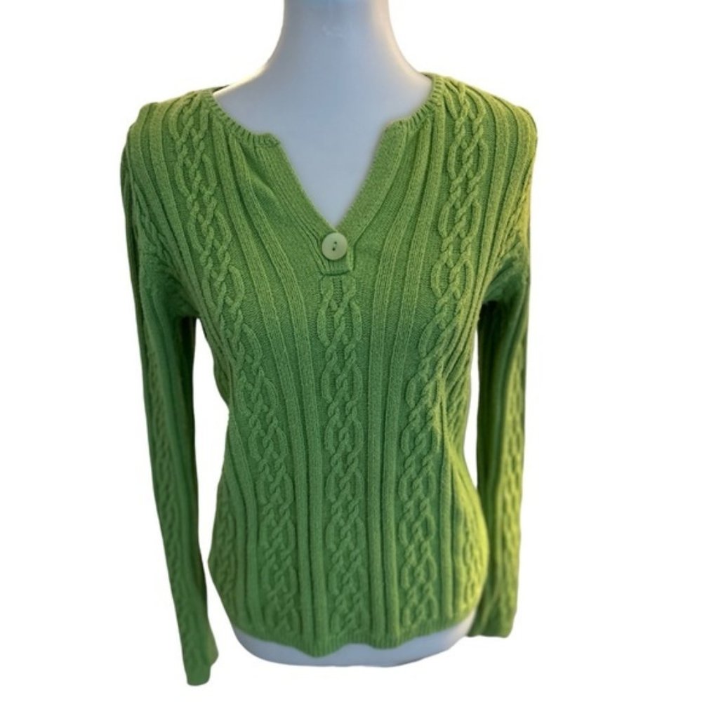 Talbots cable knit V-neck green sweater